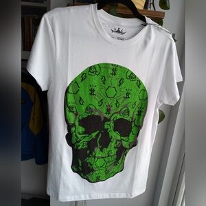 NWT Heads or Tails Rhinestone Skull Graphic Tee White Neon Green Small